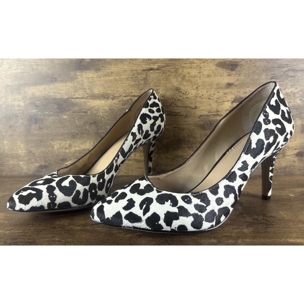Women's Black White Leopard Print Heels Pumps INC International Real Fur 9 1/2 M